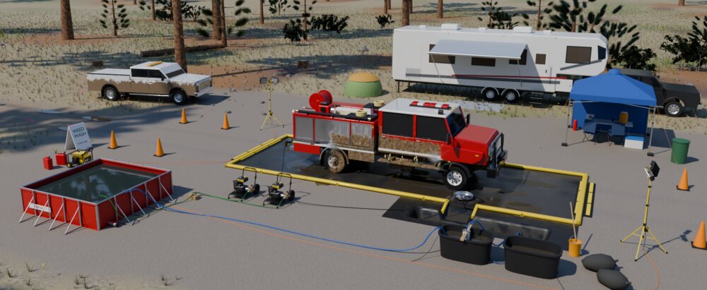 3D drawing of a weed wash station in a pine clearing: a fire engine half washed on a black wash mat ringed by a yellow berm, its front clean and its back still caked with mud, two floating pressure-washer wands spraying it and an undercarriage spinner beside it; two pressure washers, a red folding holding tank, a generator, two tripod work lights, a lined ditch with a pump, two stock tanks with a filter sock, two waste bags, a canopy, a crew truck waiting its turn, and a pickup with a toy hauler.